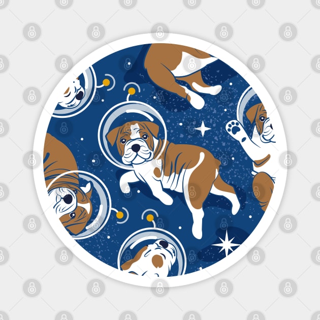 Sleepy astronaut // pattern // classic blue background white and bronze English Bulldogs goldenrod yellow antennas Magnet by SelmaCardoso